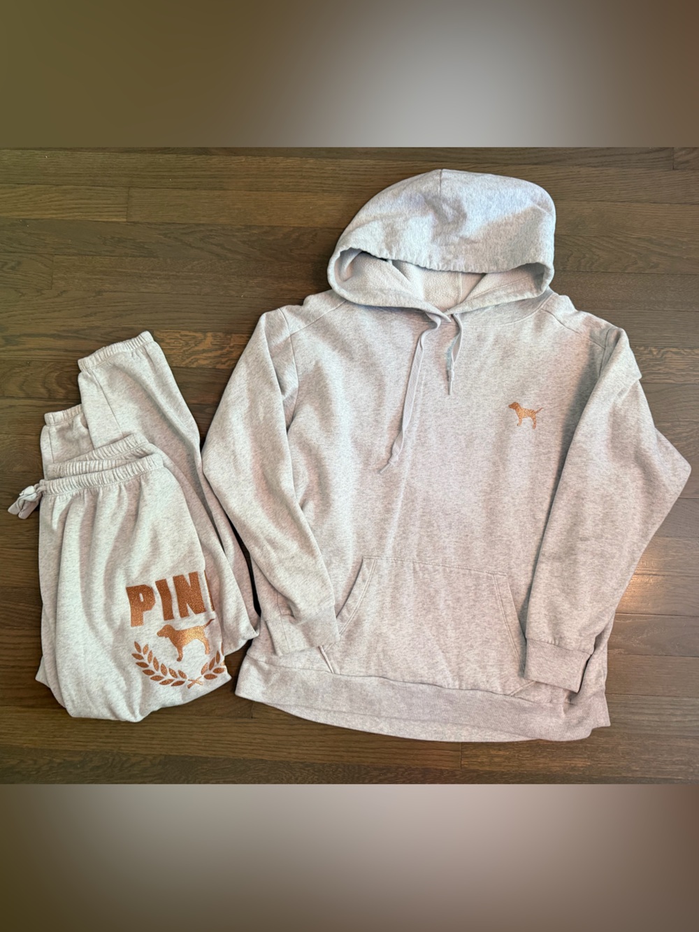 Victoria's Secret Pink BLING Campus Hoodie + Sweatpants Set ROSE GOLD - Picture 2 of 13